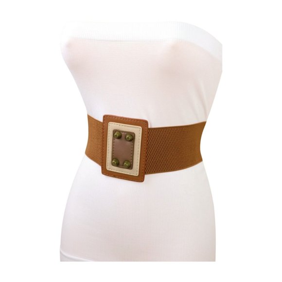 Women Brown Wide Elastic Belt Geometric Square Antique Gold Studs S M z042 - Picture 5 of 16